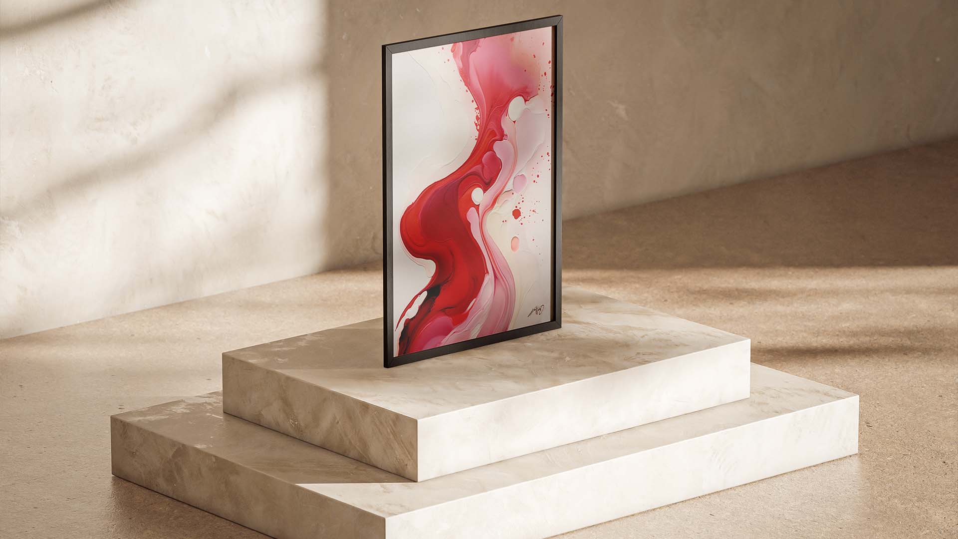 Red and pink abstract painting of fluids in a black frame, standing on concrete stairs.