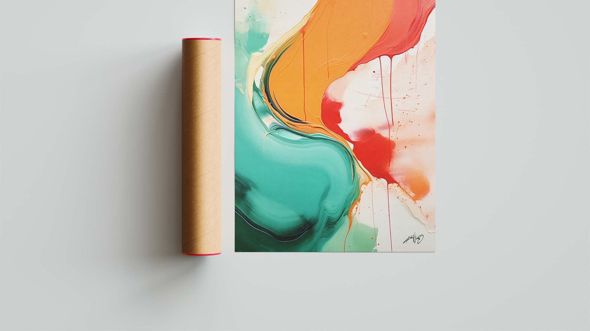 Green, red and yellow abstract art painting of fluids, next to a cardboard roll package.