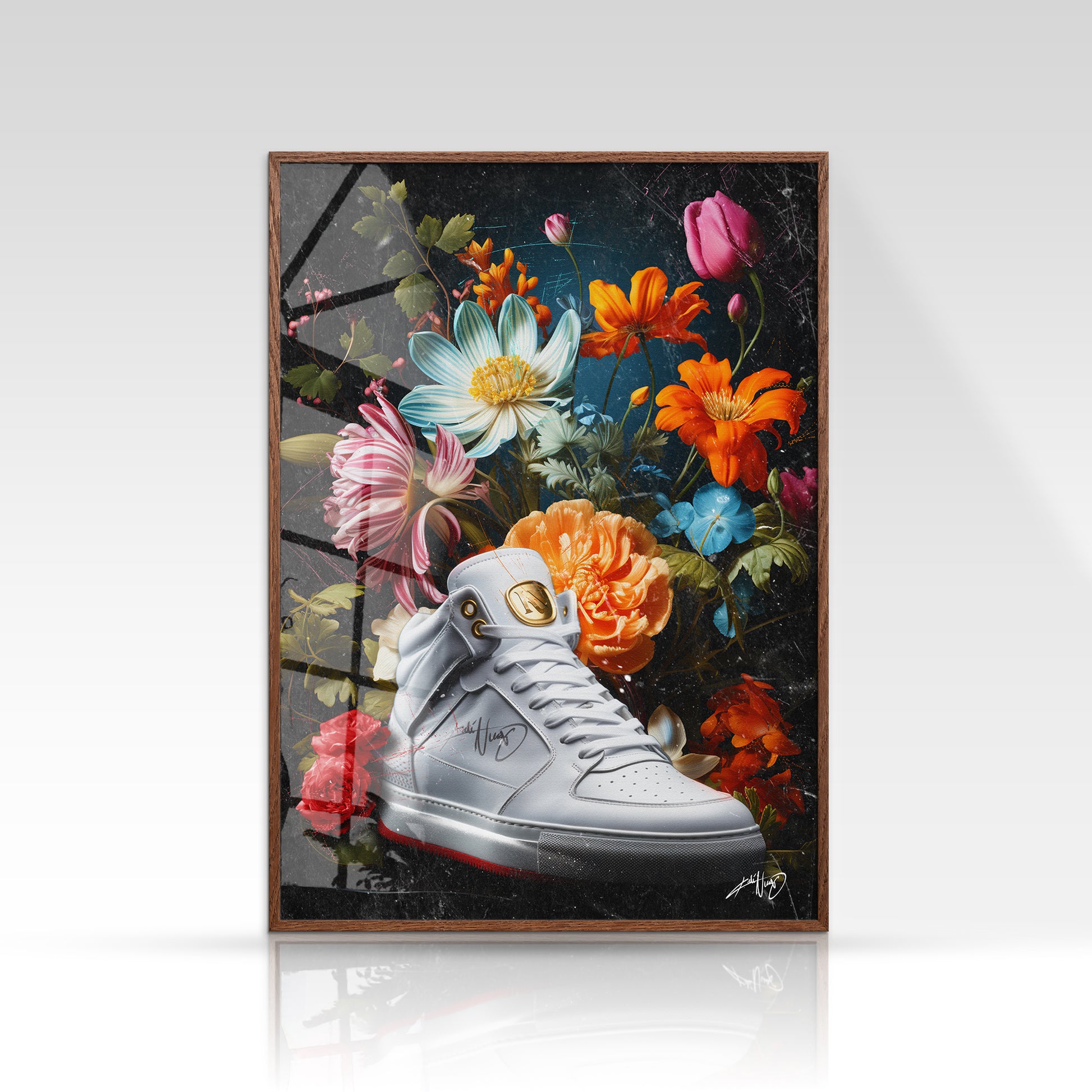 Blomsterplakat med røde, orange og lyserøde vilde blomster i minimalistisk stil på mørk baggrund