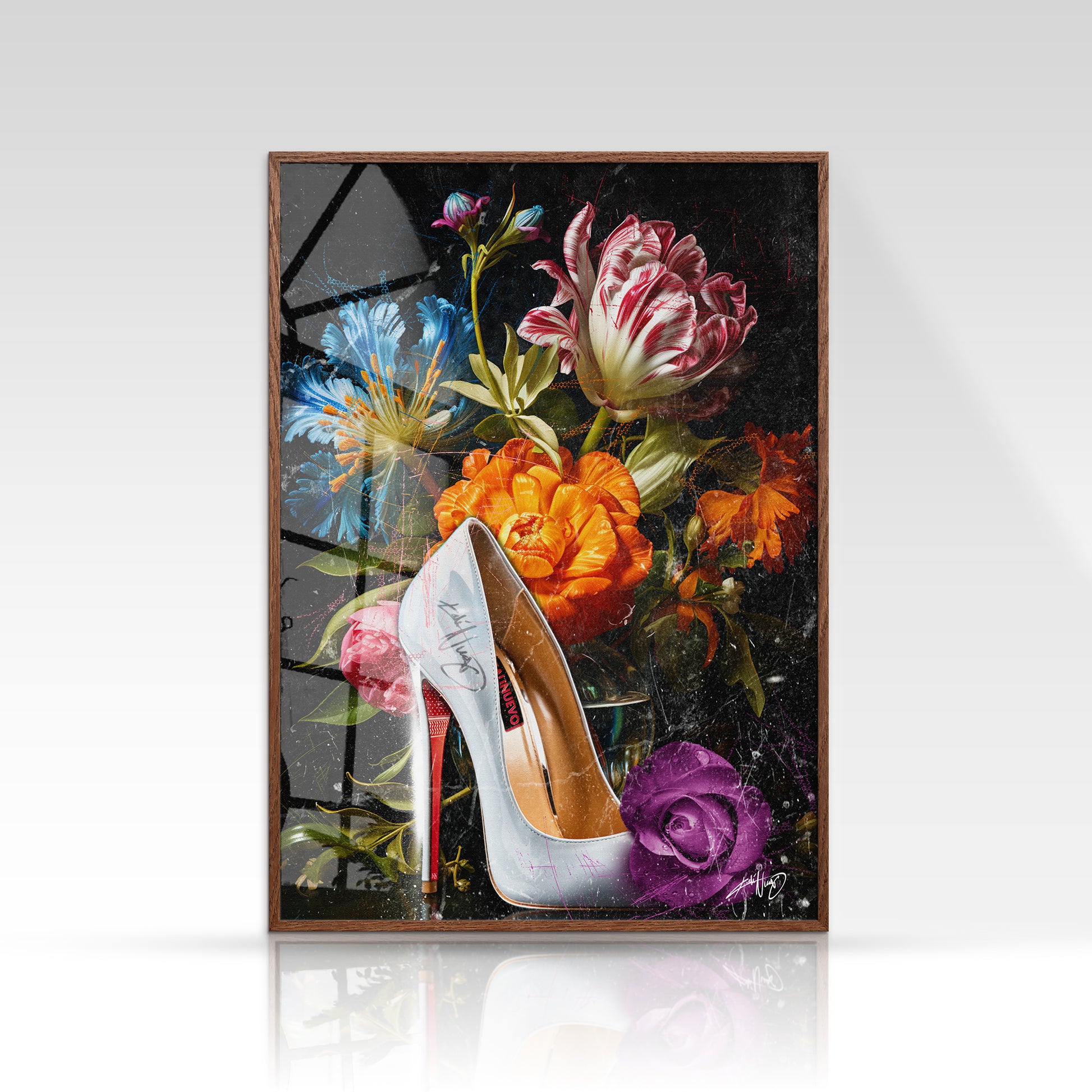 Blomsterplakat med røde, orange og lyserøde vilde blomster i minimalistisk stil på mørk baggrund