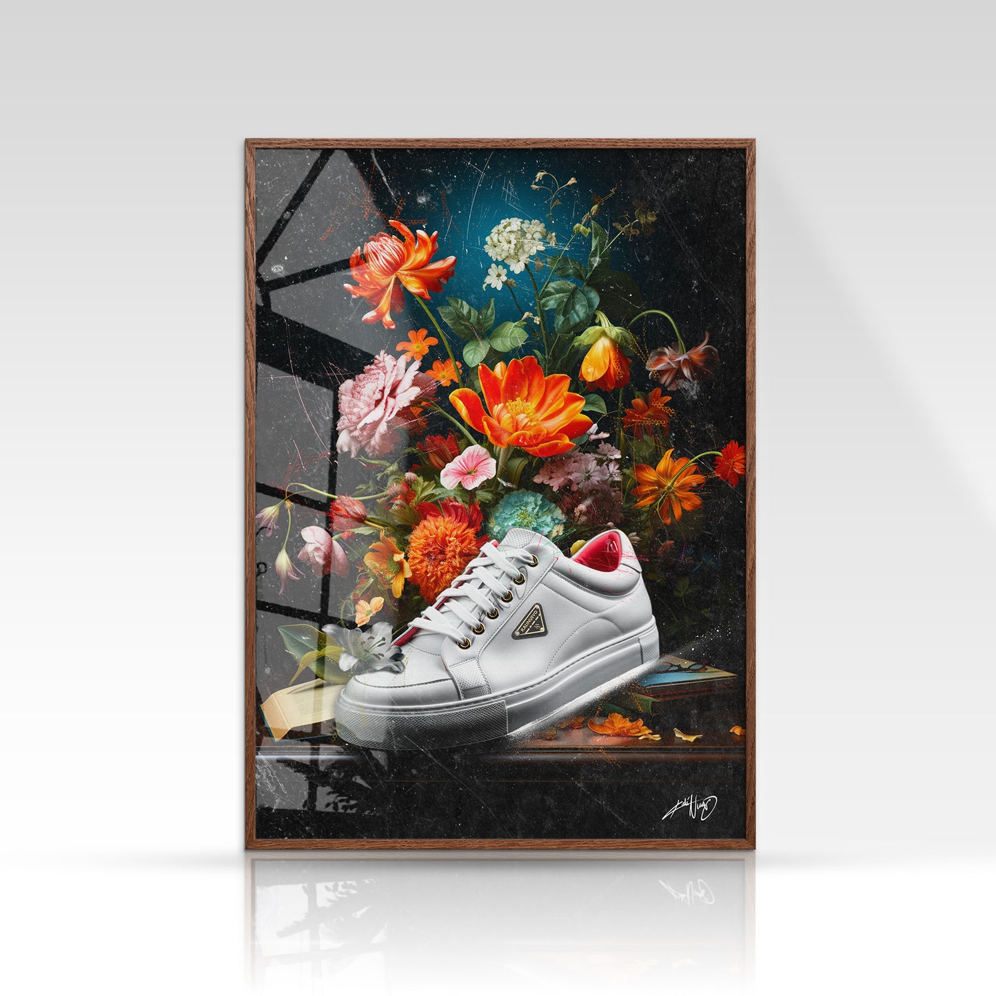 Blomsterplakat med røde, orange og lyserøde vilde blomster i minimalistisk stil på mørk baggrund