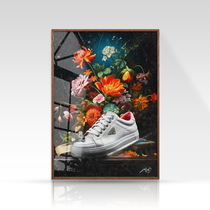 Blomsterplakat med røde, orange og lyserøde vilde blomster i minimalistisk stil på mørk baggrund