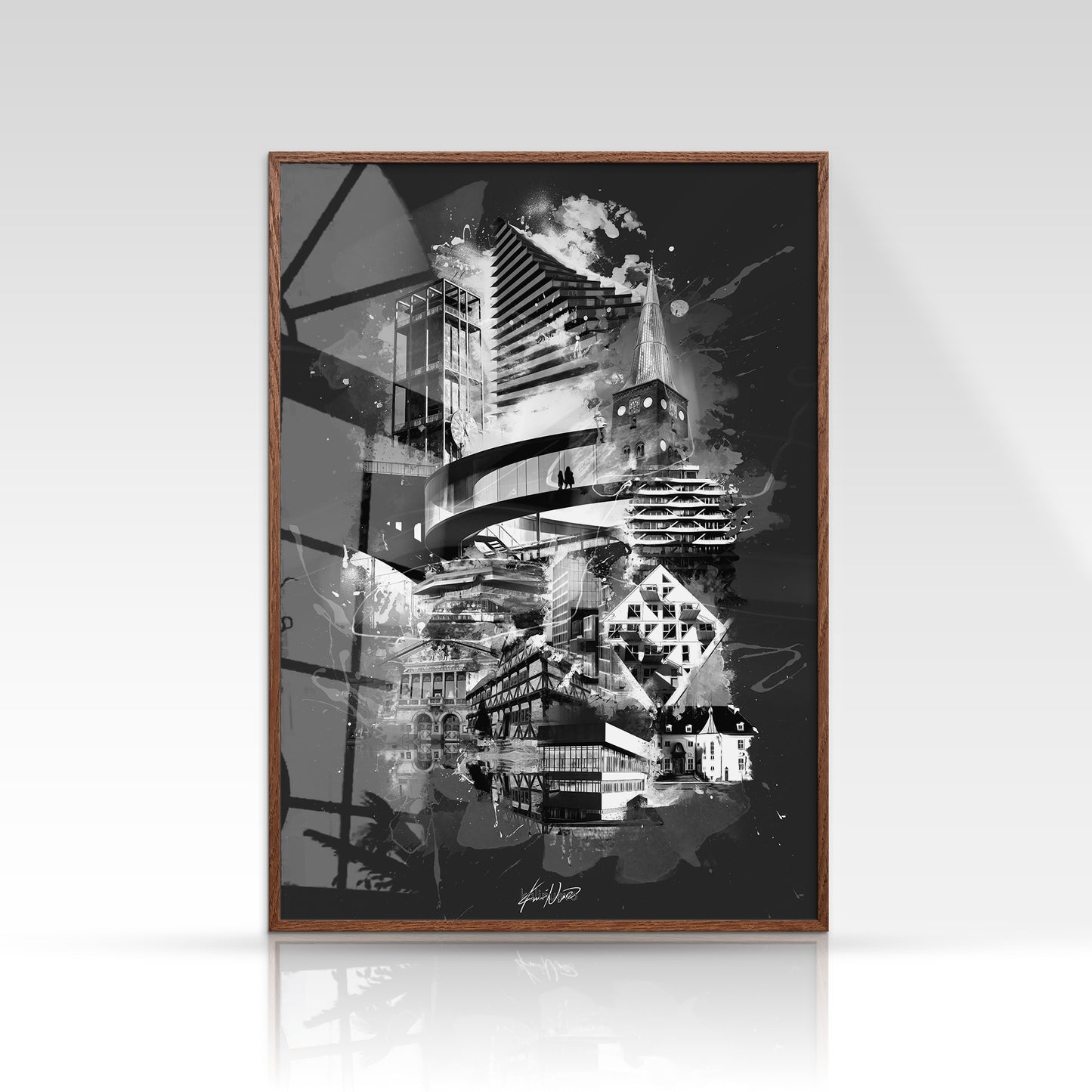 Aarhus plakat med Rådhustårnet og Domkirken i sort/hvid minimalistisk stil på mørk baggrund