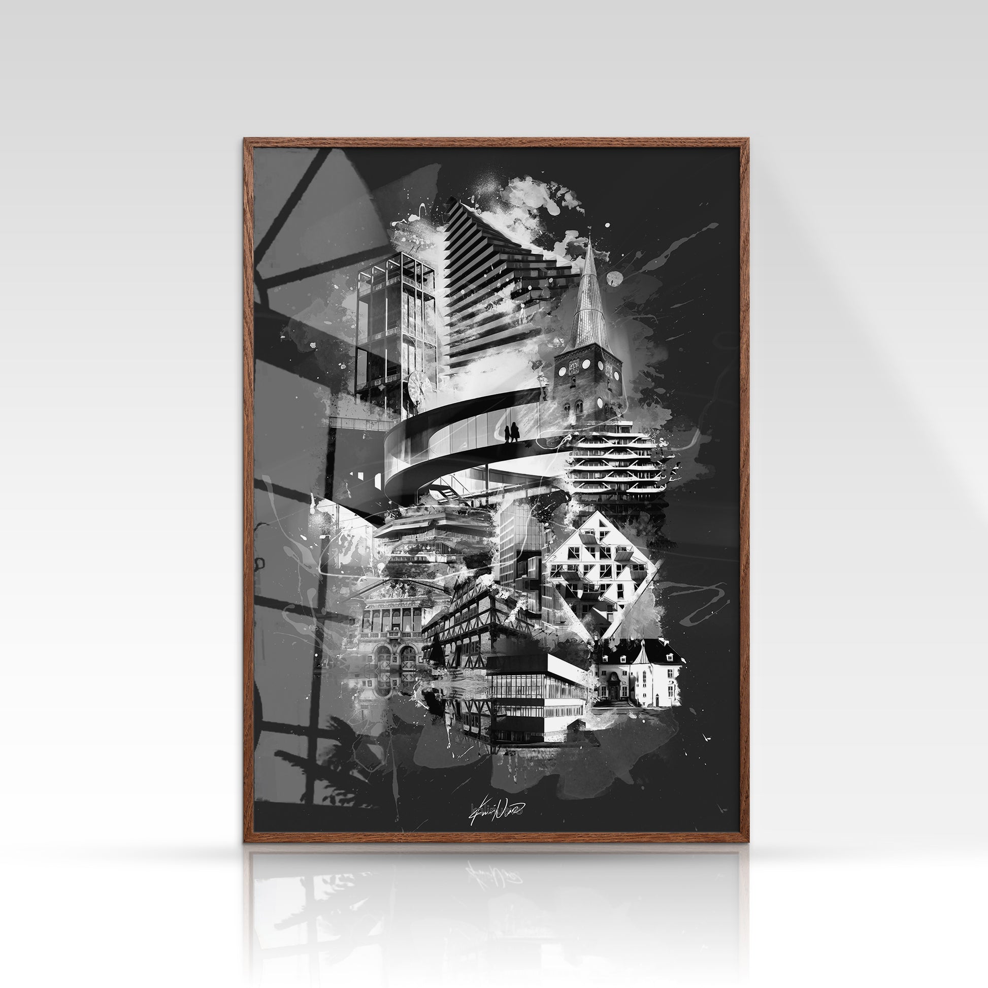 Aarhus plakat med Rådhustårnet og Domkirken i sort/hvid minimalistisk stil på mørk baggrund