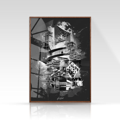 Aarhus plakat med Rådhustårnet og Domkirken i sort/hvid minimalistisk stil på mørk baggrund