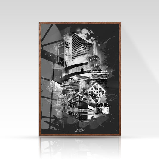 Aarhus plakat med Rådhustårnet og Domkirken i sort/hvid minimalistisk stil på mørk baggrund