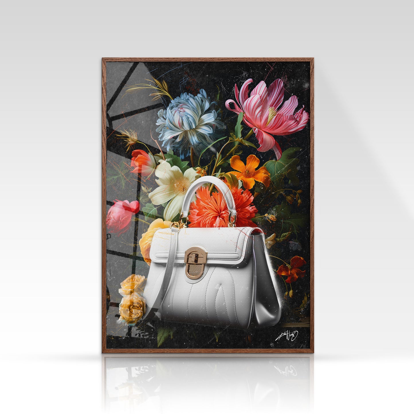 Blomsterplakat med røde, orange og lyserøde vilde blomster i minimalistisk stil på mørk baggrund