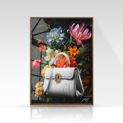 Blomsterplakat med røde, orange og lyserøde vilde blomster i minimalistisk stil på mørk baggrund