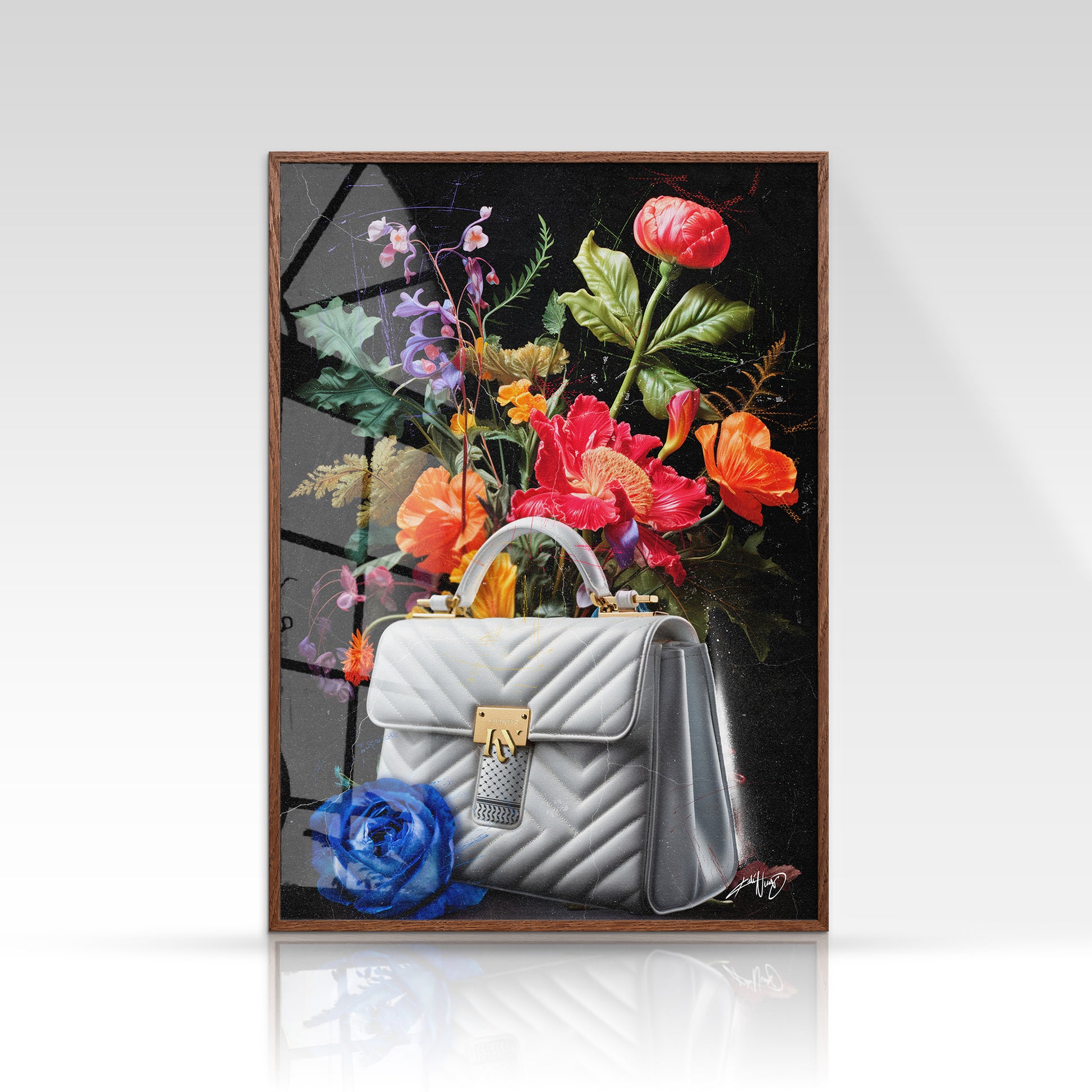 Blomsterplakat med røde, orange og lyserøde vilde blomster i minimalistisk stil på mørk baggrund