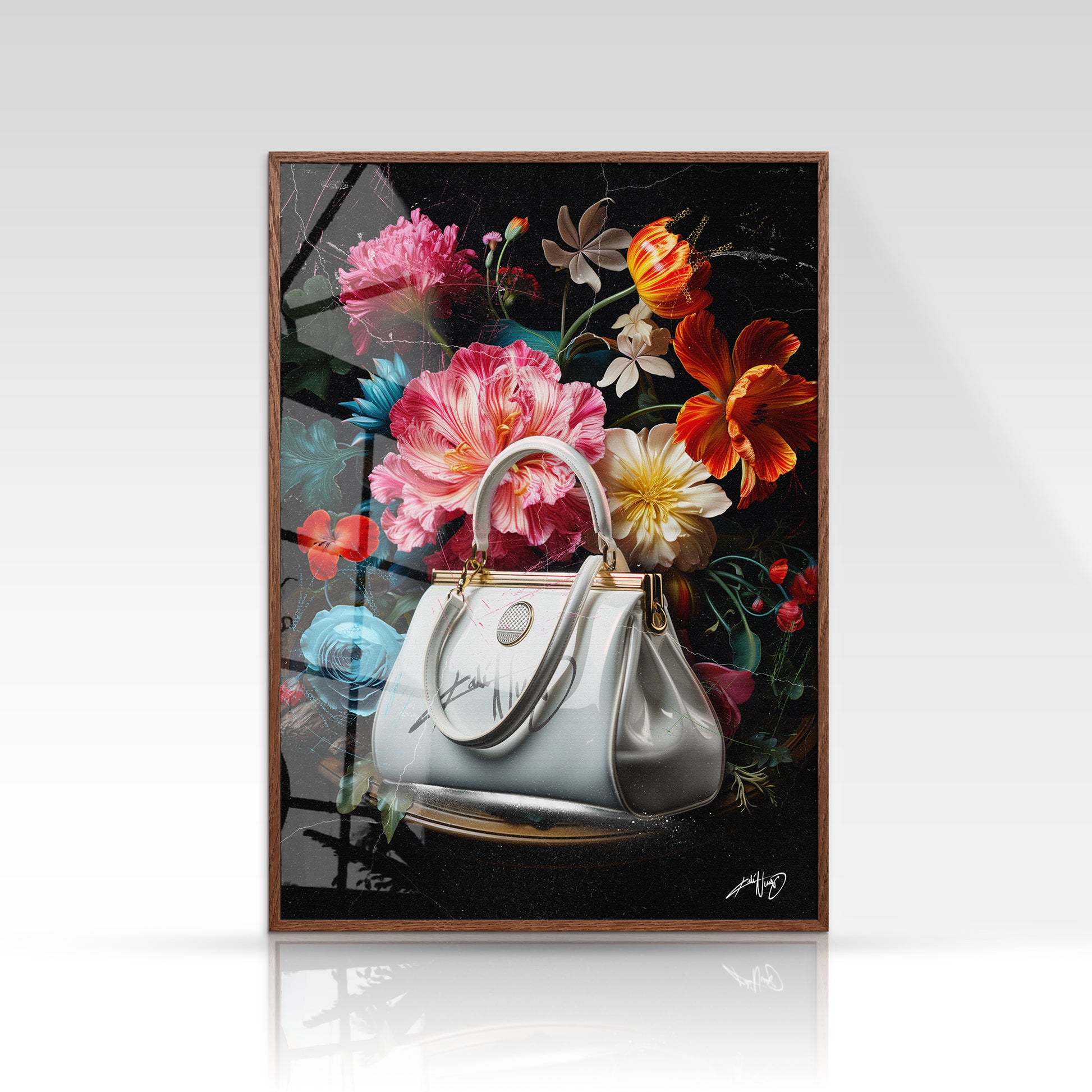 Blomsterplakat med røde, orange og lyserøde vilde blomster i minimalistisk stil på mørk baggrund