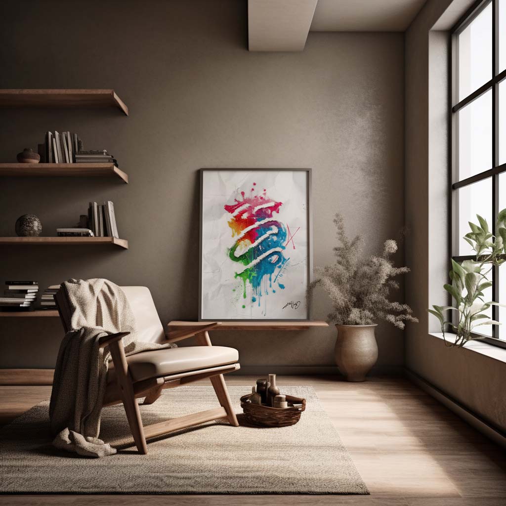 colorful abstract art poster in a black wood frame inside a nice home decor