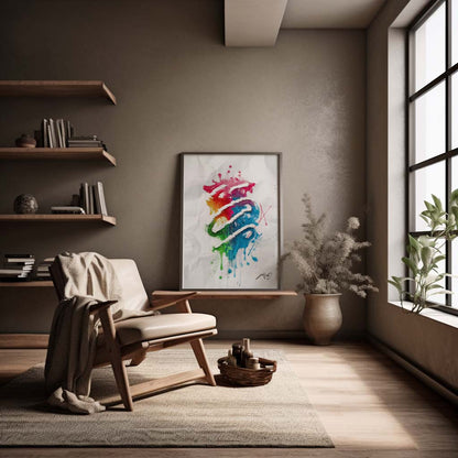 colorful abstract art poster in a black wood frame inside a nice home decor