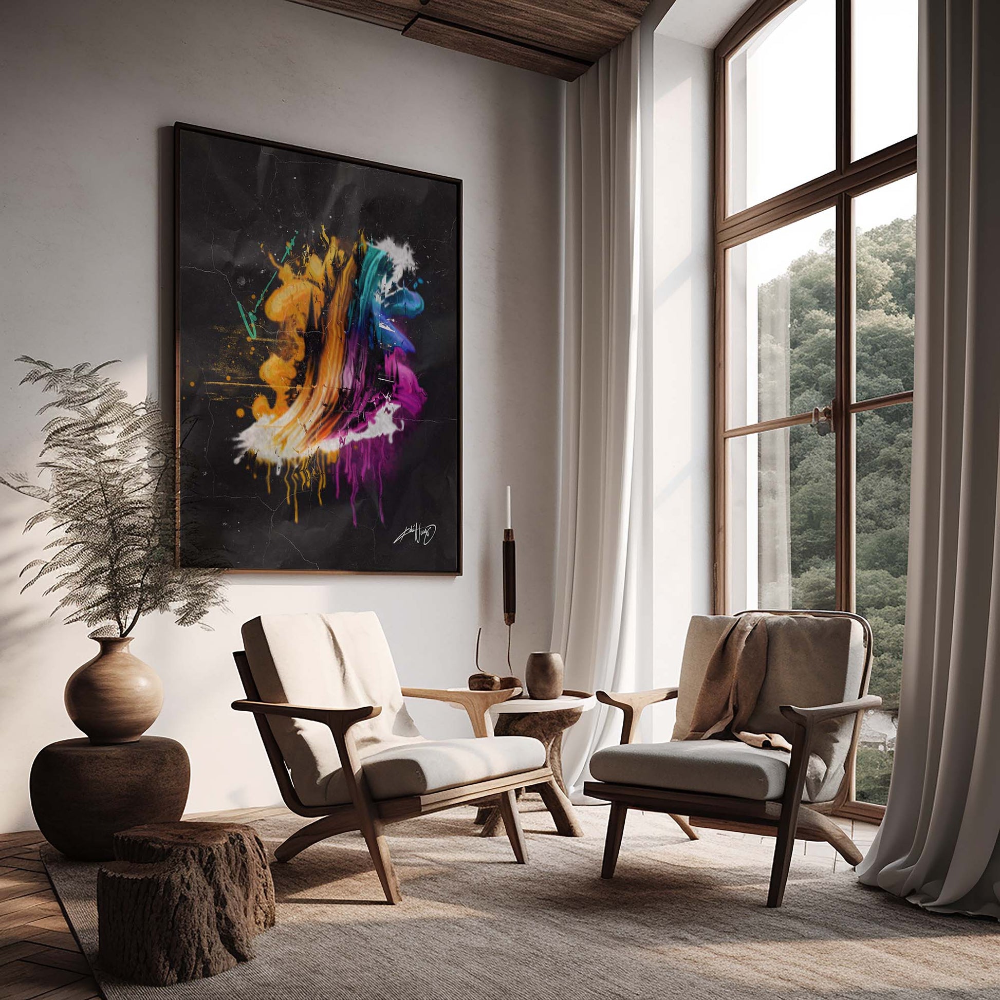 colorful abstract art poster in a black wood frame inside a nice home decor.
