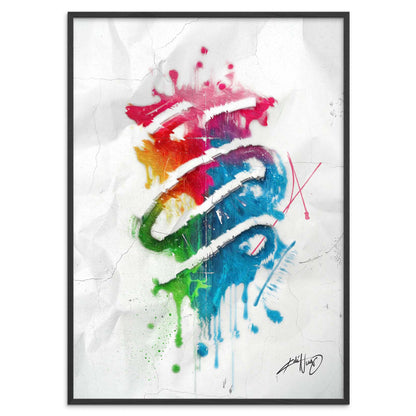 colorful abstract art poster in a black wood frame on a white background