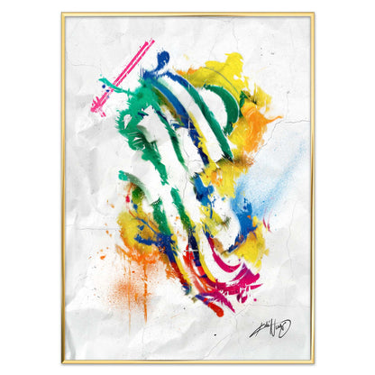 colorful abstract art poster in a golden brass frame on a white background