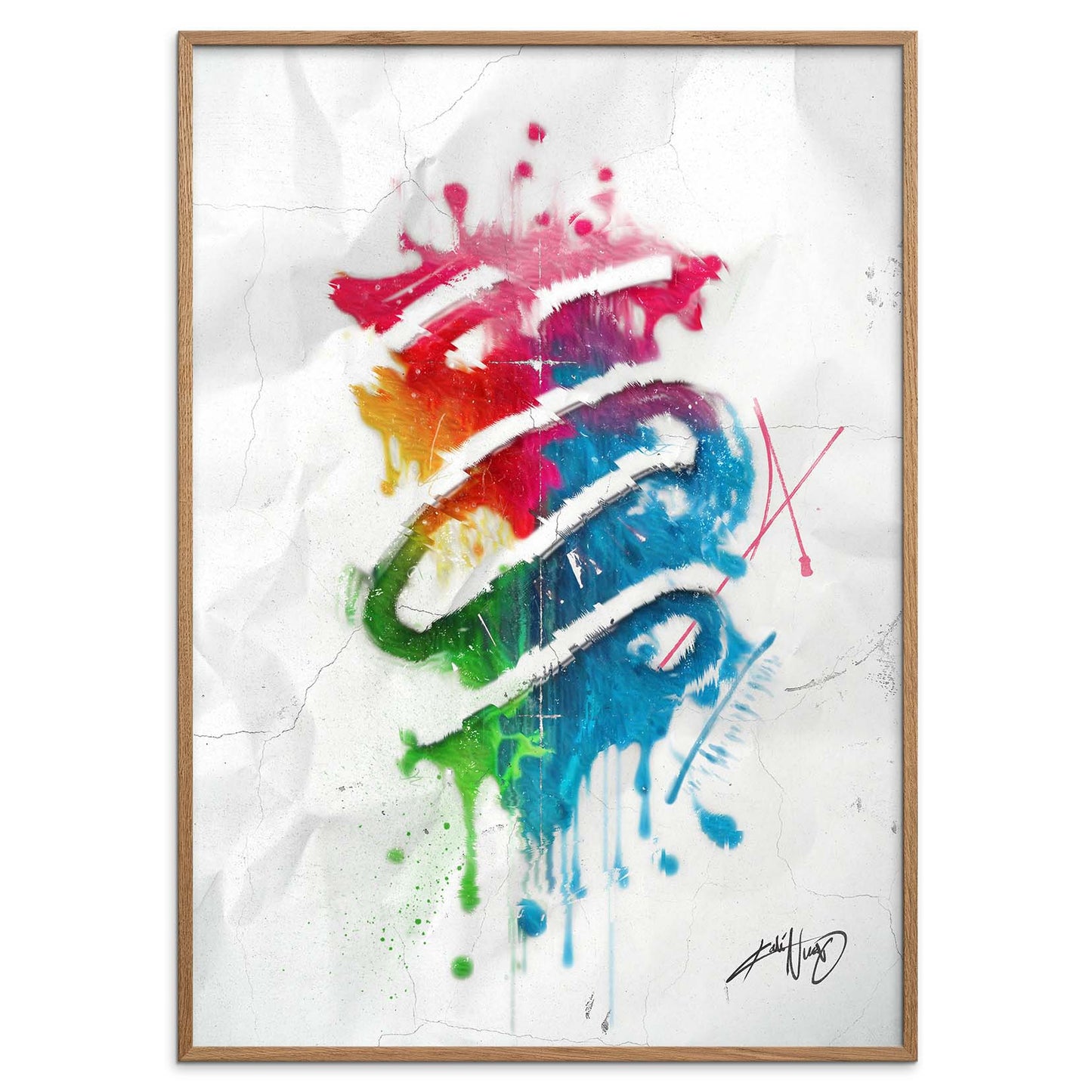 colorful abstract art poster in a natural colored wood frame on a white background