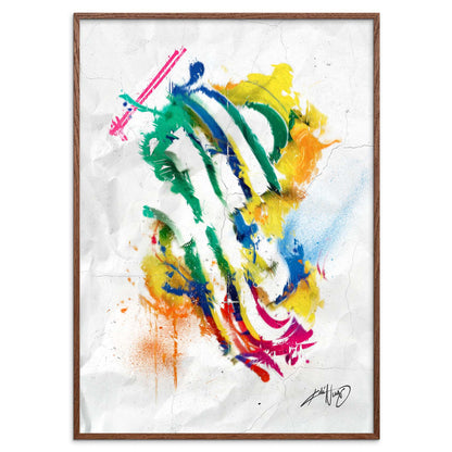 colorful abstract art poster in a smoked oak wood frame on a white background