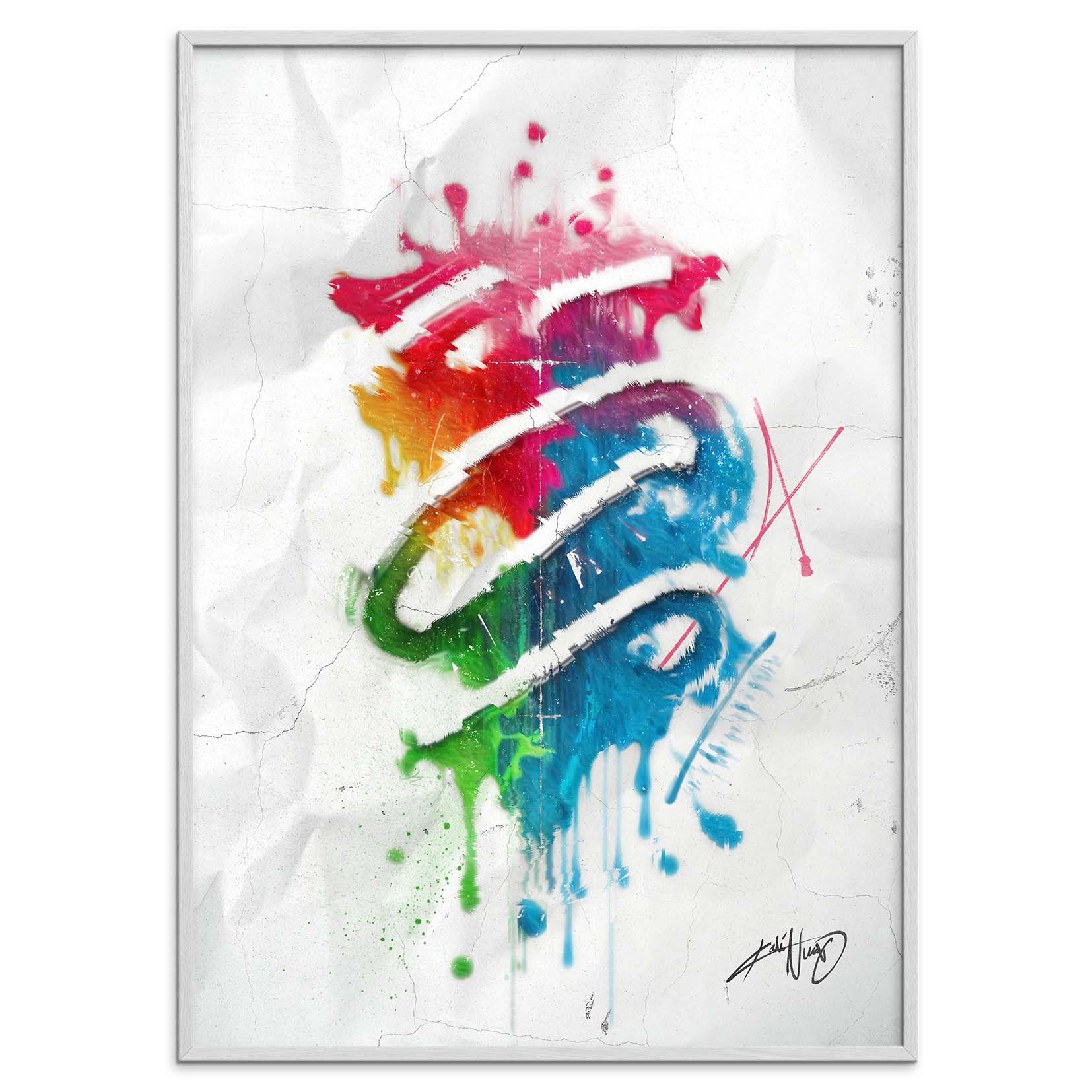 colorful abstract art poster in a white wood frame on a white background