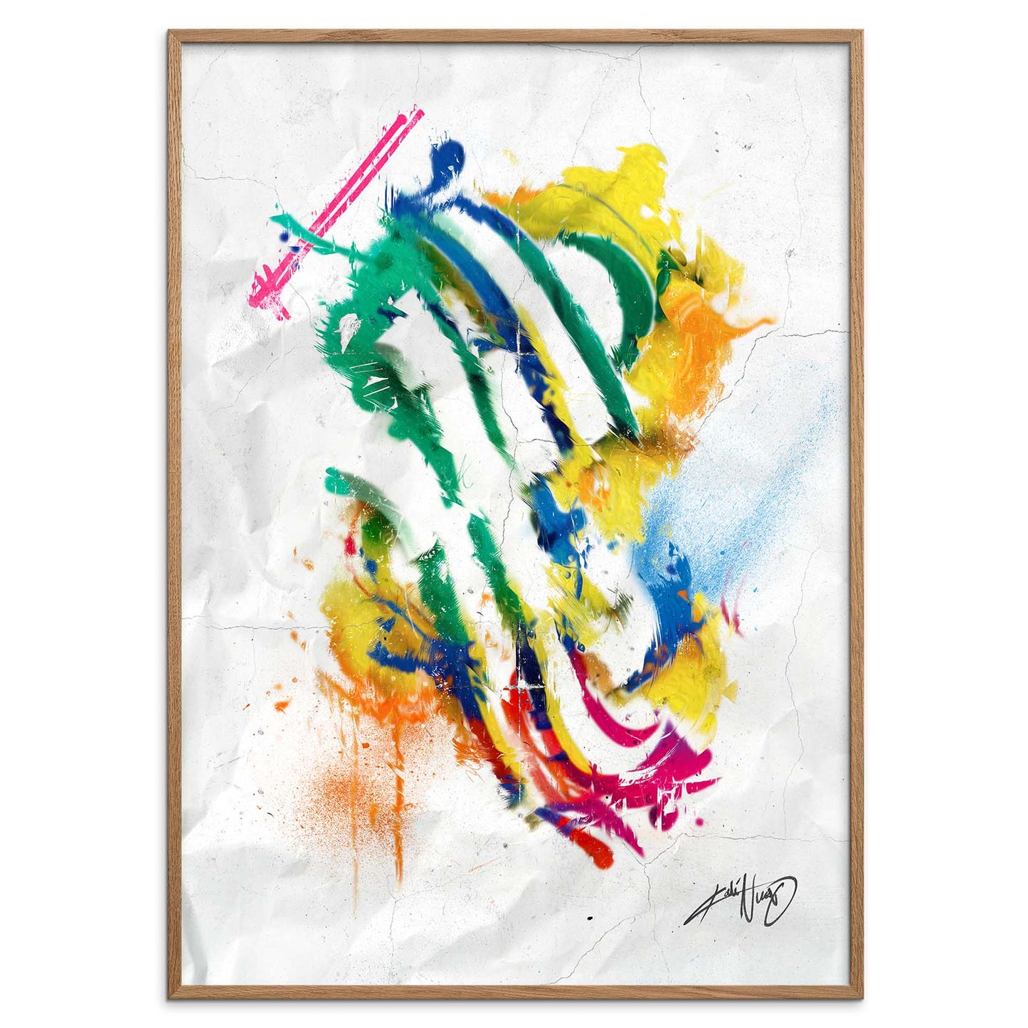 colorful abstract art poster in a wooden frame on a white background