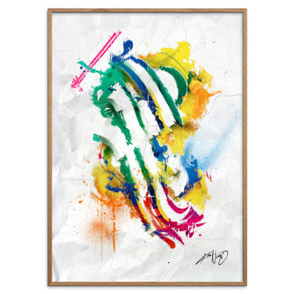 colorful abstract art poster in a wooden frame on a white background