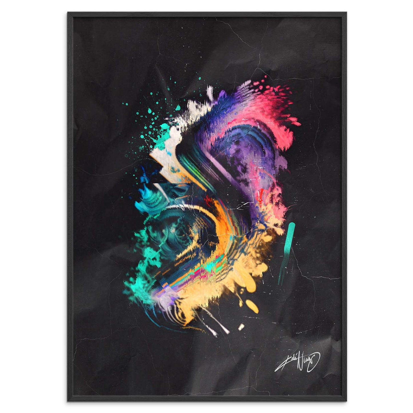 colorful calligraphy abstract art poster in a black frame on a white background