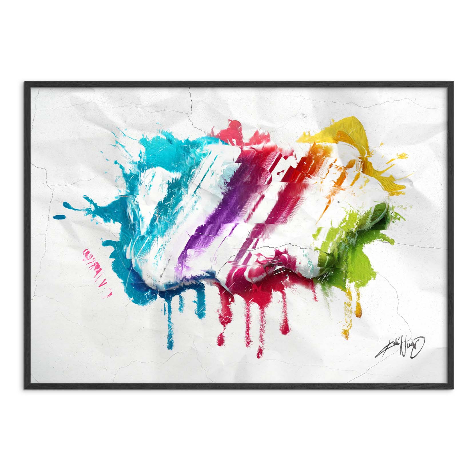 colorful calligraphy abstract art poster in a black wood frame on a white background