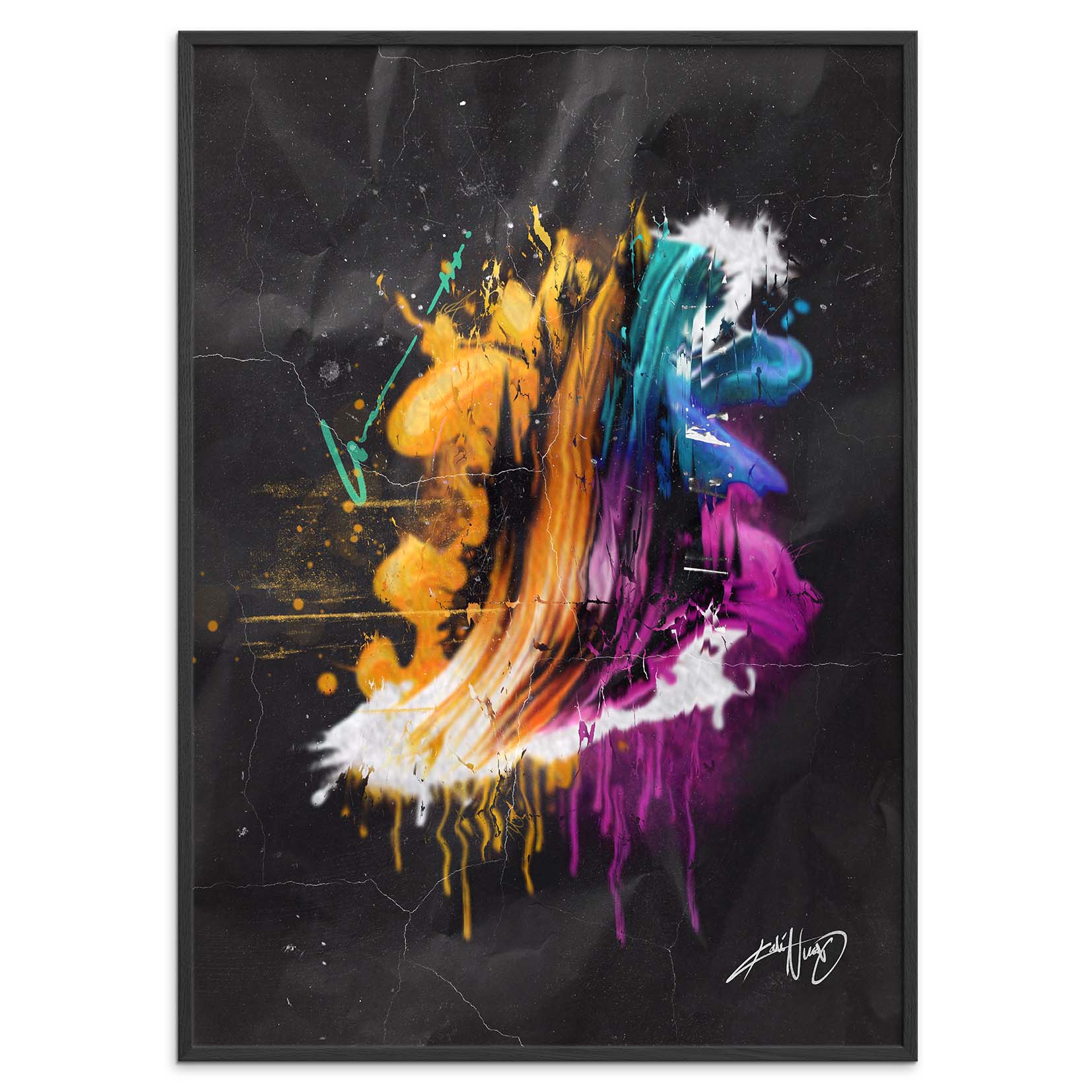colorful calligraphy abstract art poster in a black wood frame on a white background