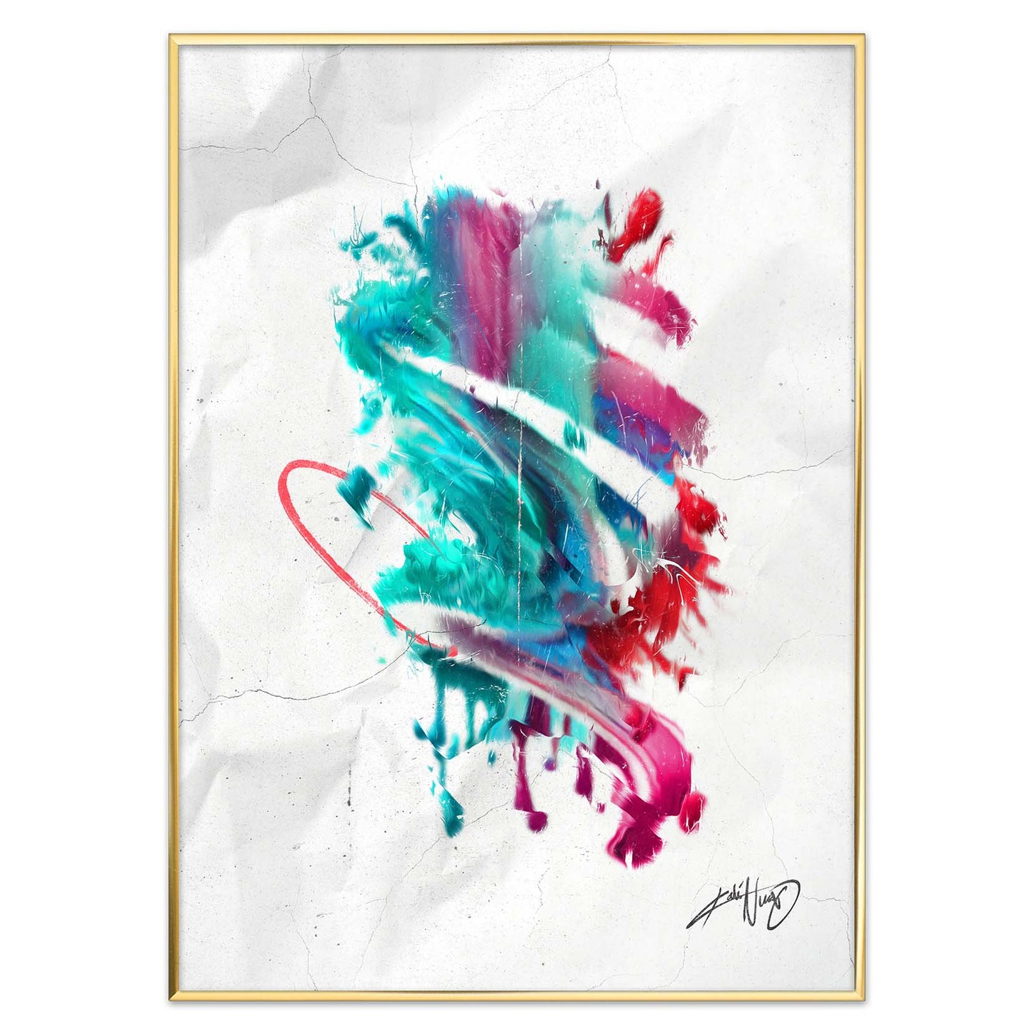 colorful calligraphy abstract art poster in a golden brass frame on a white background