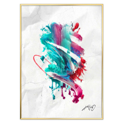 colorful calligraphy abstract art poster in a golden brass frame on a white background