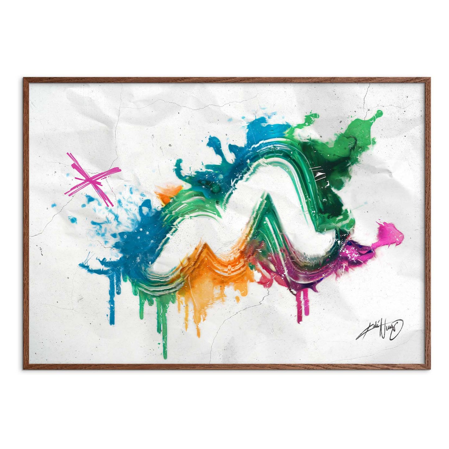 colorful calligraphy abstract art poster in a smoked oak wooden frame on a white background