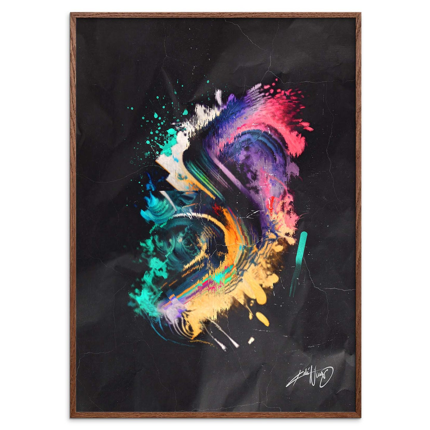 colorful calligraphy abstract art poster in a smoked oak wooden frame on a white background