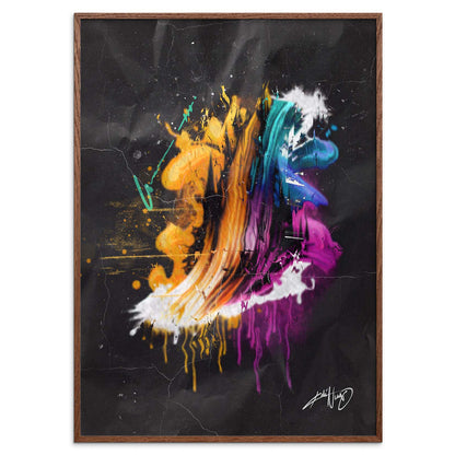 colorful calligraphy abstract art poster in a smoked oak wood frame on a white background