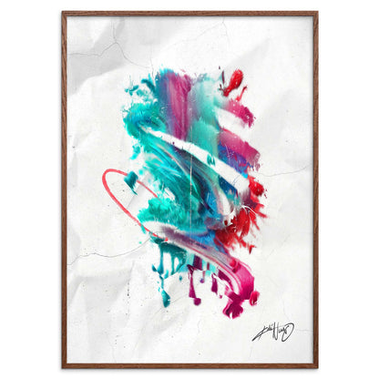 colorful calligraphy abstract art poster in a smoked oak wood frame on a white background