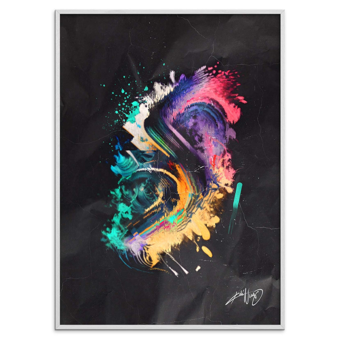 colorful calligraphy abstract art poster in a white frame on a white background