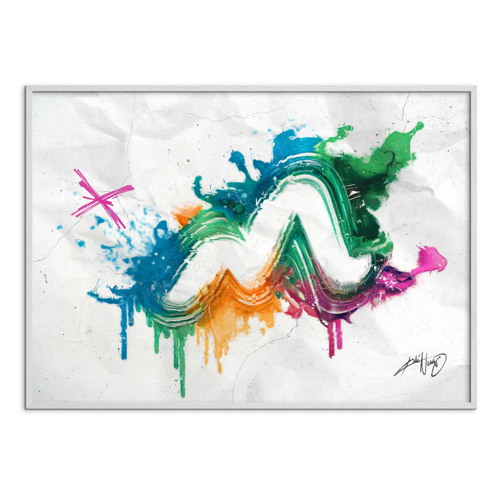 colorful calligraphy abstract art poster in a white frame on a white background