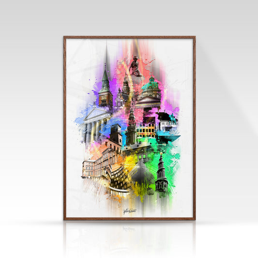 København plakat med Nyhavn og ikoniske bygninger i farverig stil på lys baggrund