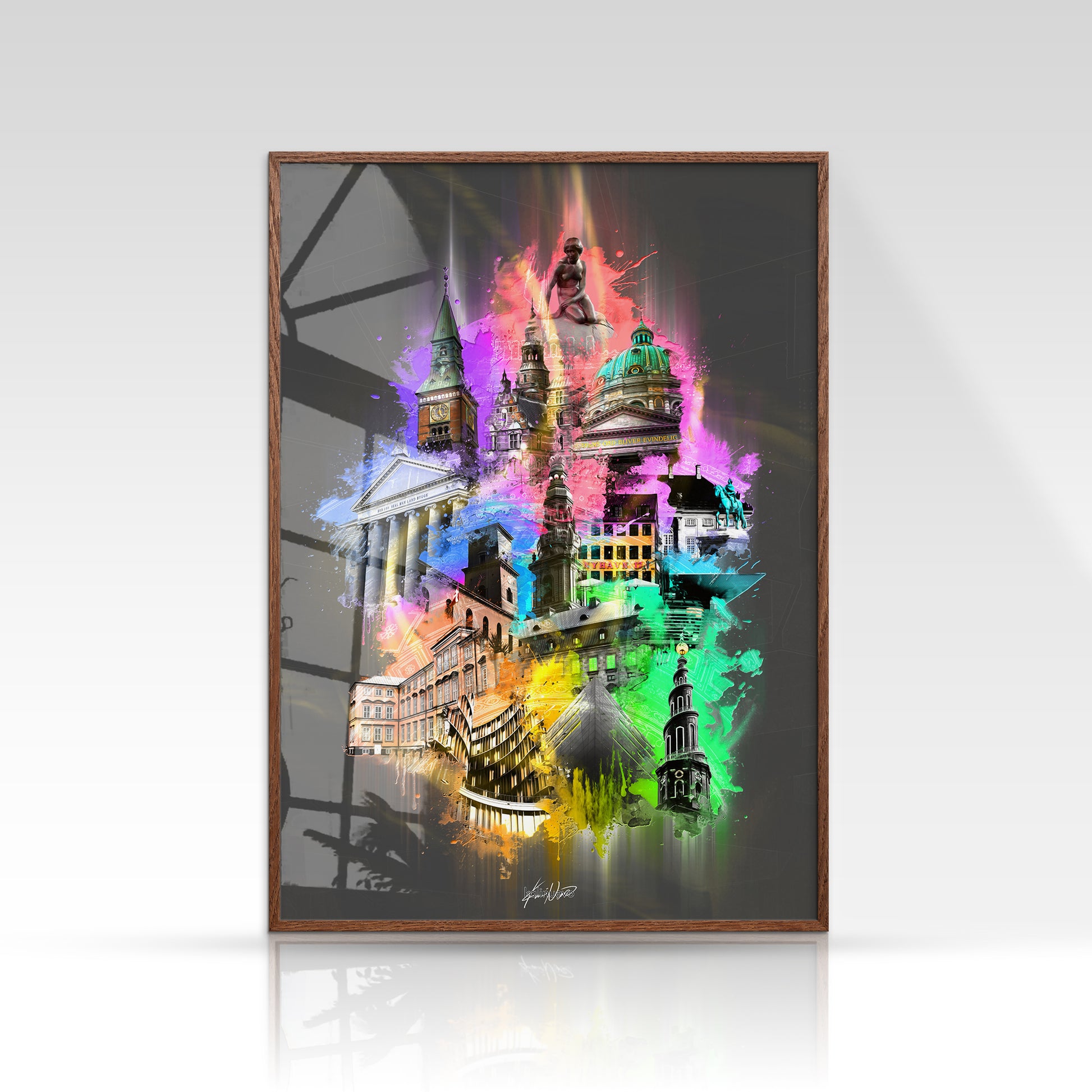 København plakat med Nyhavn og ikoniske bygninger i farverig stil på mørk baggrund