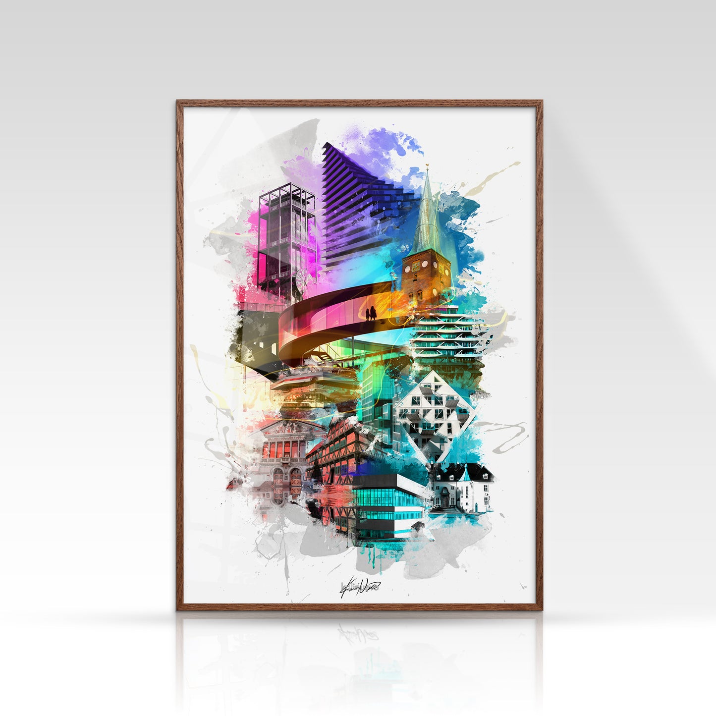 Aarhus plakat med Rådhustårnet og Domkirken i sort/hvid minimalistisk stil på lys baggrund