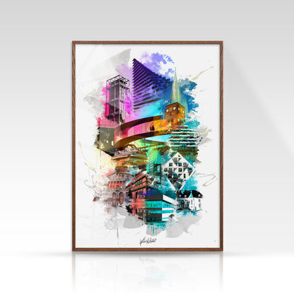 Aarhus plakat med Rådhustårnet og Domkirken i sort/hvid minimalistisk stil på lys baggrund