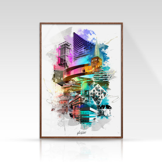 Aarhus plakat med Rådhustårnet og Domkirken i sort/hvid minimalistisk stil på lys baggrund