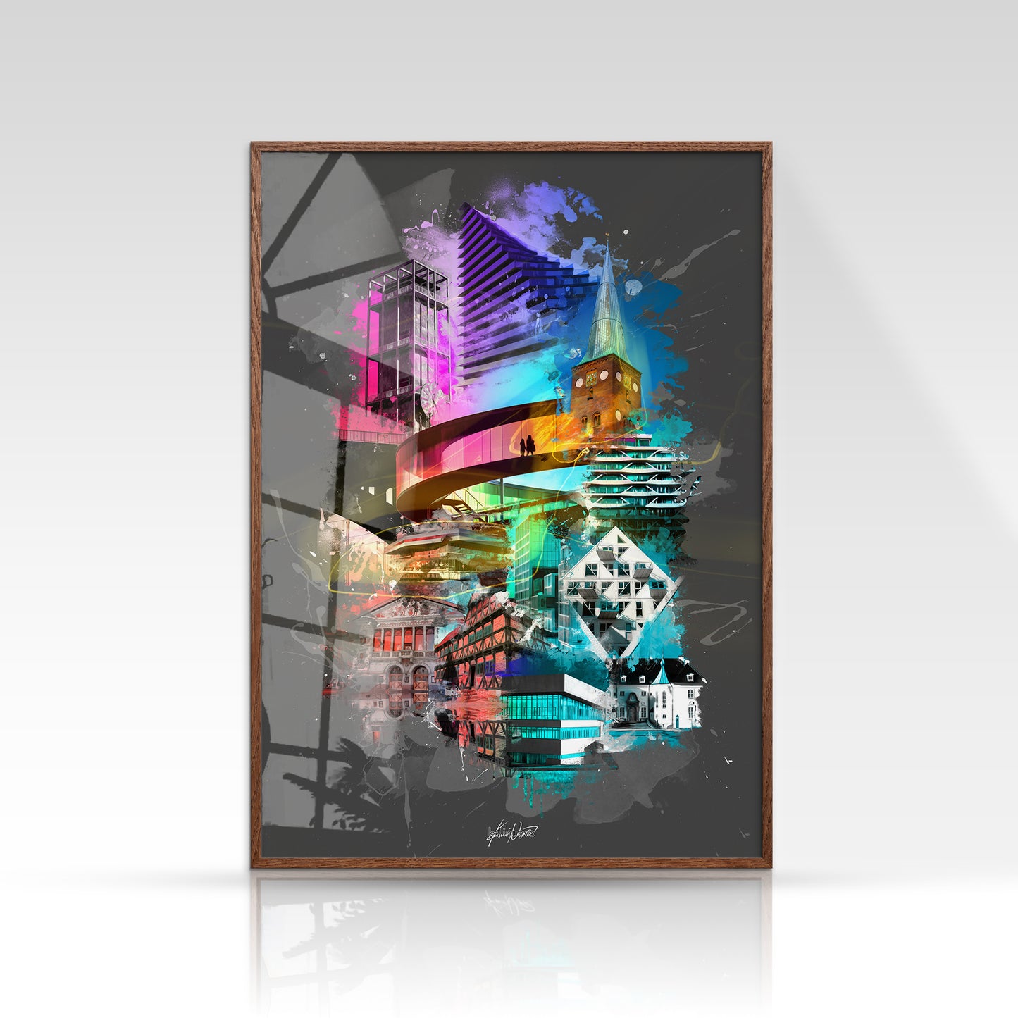 Aarhus plakat med Rådhustårnet og Domkirken i sort/hvid minimalistisk stil på mørk baggrund