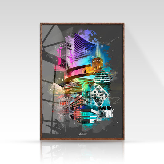 Aarhus plakat med Rådhustårnet og Domkirken i sort/hvid minimalistisk stil på mørk baggrund