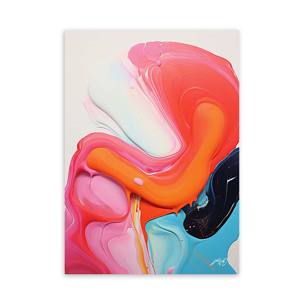 An orange and blue abstract painting with red and white splashes on a white canvas.