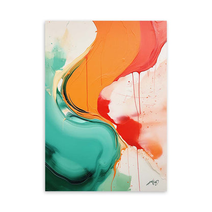 An orange and green abstract painting with red and white splashes on a white canvas.