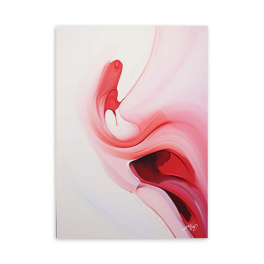 A red and pink abstract painting with white and orange accents on a white canvas.