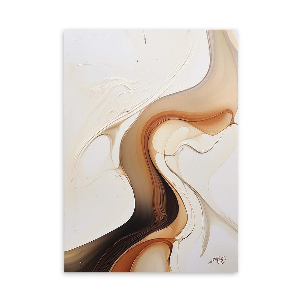 A brown, white, and black abstract painting with fluid, organic shapes on a white canvas.
