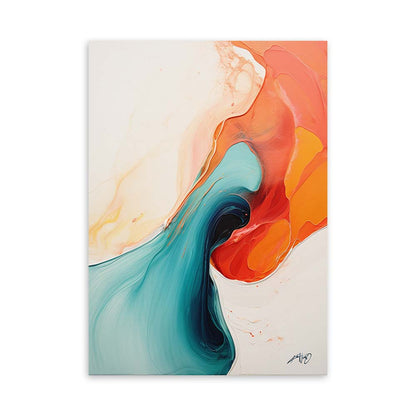 An orange and green abstract painting with red and white splashes on a white canvas.