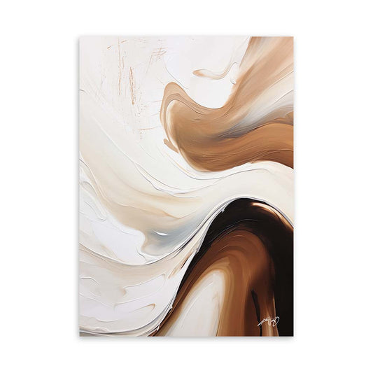 A brown, white, and black abstract painting with fluid, organic shapes on a white canvas.