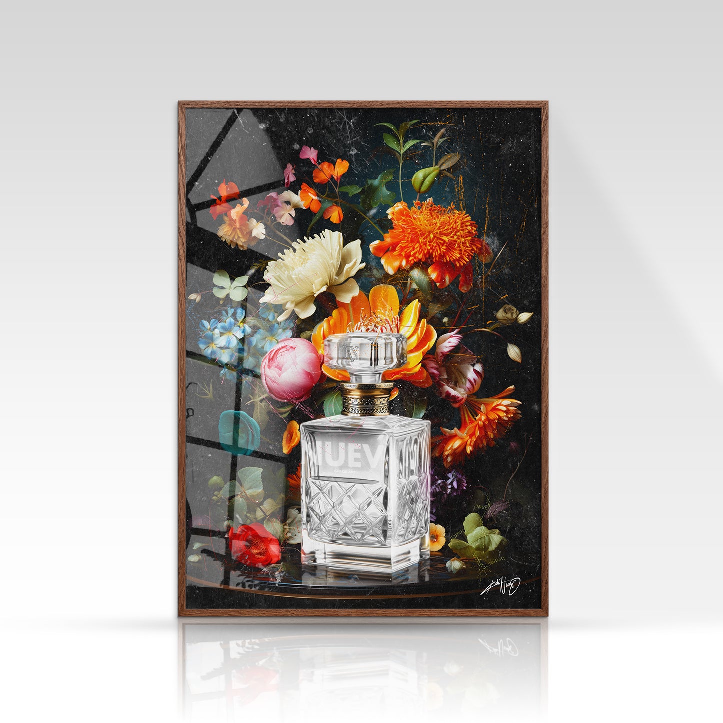 Blomsterplakat med røde, orange og lyserøde vilde blomster i minimalistisk stil på mørk baggrund