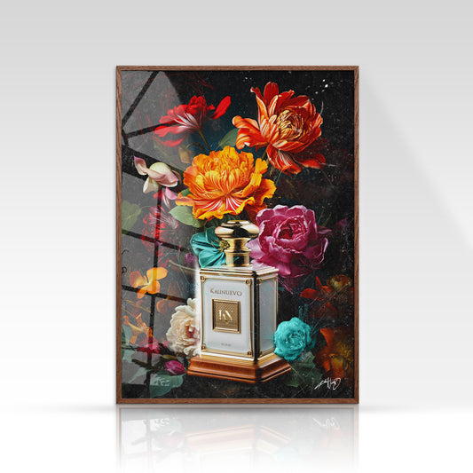 Blomsterplakat med røde, orange og lyserøde vilde blomster i minimalistisk stil på mørk baggrund